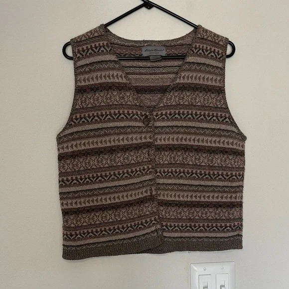 Eddie Bauer Brown Tan Multicolor Knit Sweater Vest Cotton Medium - Picture 1 of 6